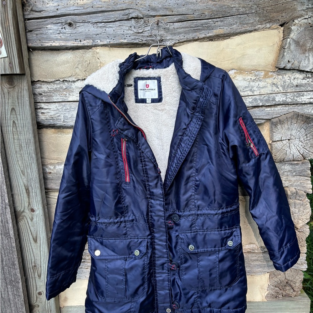 Urban Republic Navy Coat with Red Accents and Faux Fleece Lined Hoodie Size M